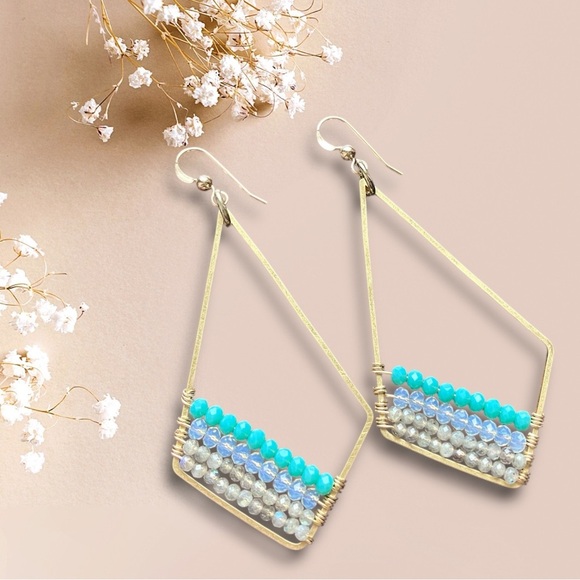 Genuine Labradorite Boho 14 GF Geometric Gemstone Earrings - Picture 2 of 4